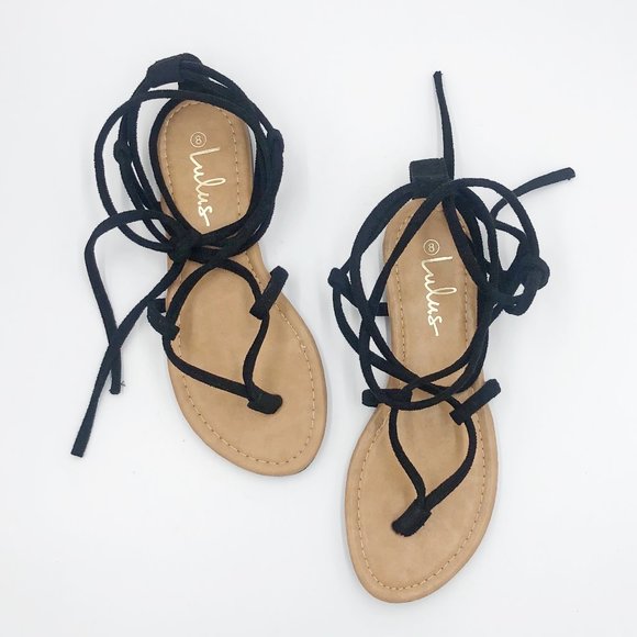 Lulus Shoes - Lulus | Emilia Black Suede Lace-Up Flat Sandals